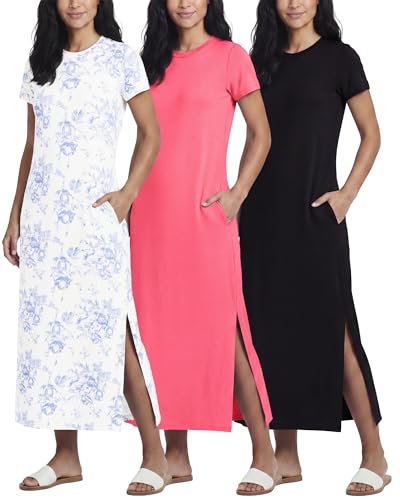 Image of Real Essentials 3 Pack Women's Casual Short Sleeve Maxi T-Shirt Dress with Slit (Available in Plus Size)