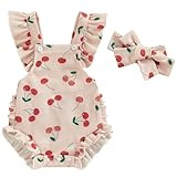 Mubineo Baby Girl Summer Clothes Ruffle Overall Romper Outfits Cute Sleeveless Overalls Rompers Newborn Outfit (Pink Red Cherry, 0-3 Months)