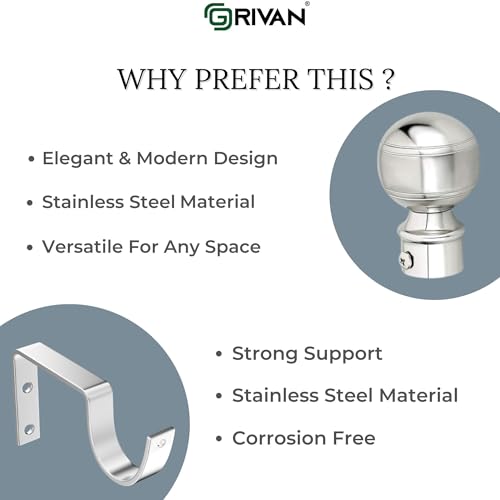 Image of GRIVAN Stainless Steel Curtain Bracket Parda Holder with Support 1 Inch Rod Pocket Finials Designer Door and Window Rod Support Fittings, Curtain Rod Holder (Silver Pair of 7)