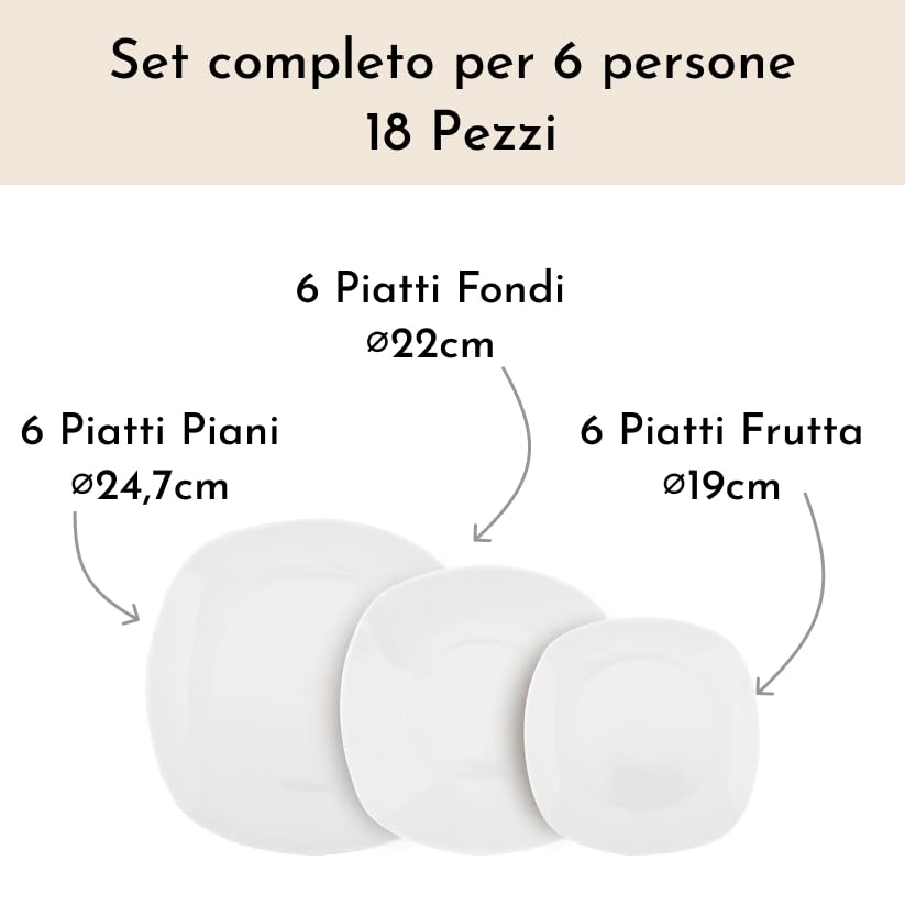 Set Piatti 6 Persone, Servizio Piatti 18 Pezzi, in New Bone China, Piatti Piani 24 cm + Piatti Fondi 22 cm + Piatti Frutta 19 cm, adatto Microonde e Lavastoviglie