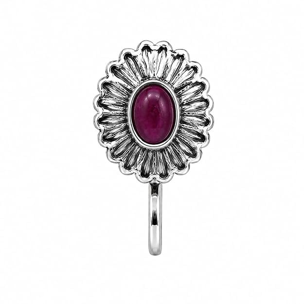 Jewellery Amzing Oxidised Silver Finishing Maroon Stone Stud Oval Flower shape Nose Pin | Ring | Without Piercing | Adjustable | Nathiya | Nathani | For Women & Girls-image-13