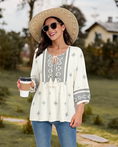 Image of Vivilli Womens Summer Boho Babydoll Tops 3 /4 Sleeve Pleated Peplum Blouses Casual V Neck Tie Front 2026 Tunic Tops