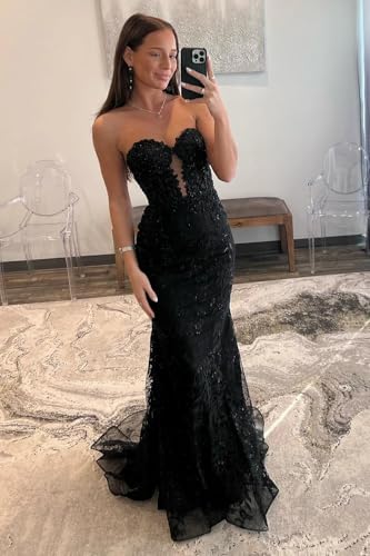 VCCICANY Strapless Mermaid Prom Dresses for Women 2025 Lace Appliques Tulle Corset Long Formal Evening Party Gowns3