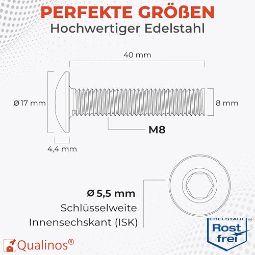 Qualinos 10x hochwertige Zaunschrauben zur Doppelstabmattenzaun Befestigung, M8 x 40mm 5,5mm 6-Kant aus V2A Edelstahl. Die Zaunbauschraube als Stabmattenzaun Zubehör für Gabionen und Stabmattenzaun