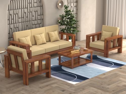 Image of Sheesham Wooden 5 Seater Sofa Set for Living Room | Solid Wood Sofa | Rosewood Sofa Set for Home & Office | Lounge (Natural, 3+1+1 Seater)