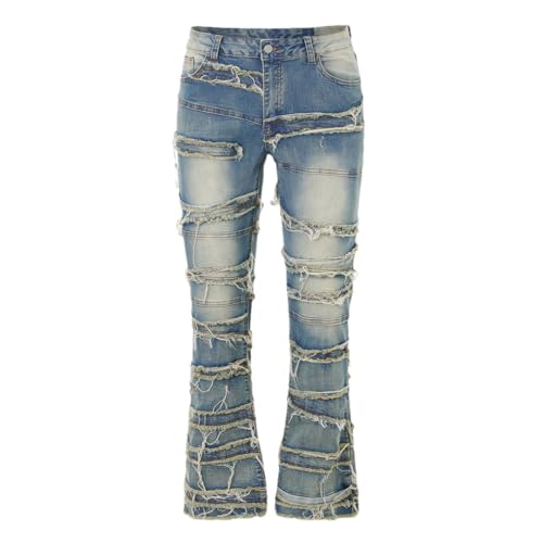 Men's Denim Pull-On Jeans Tiered Raw Trim Pockets Straight Leg Full Length Leisure Trousers