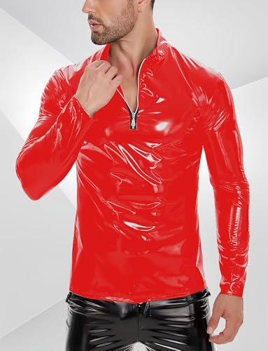 Image of Panegy Men's Liquid Shiny Leather Shirt Jacket Slim Fit Wetlook Party Nightout Club 70s /80s Disco Blouse Tshirt