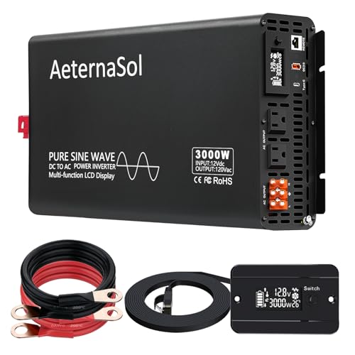 Image of AeternaSol Pure Sine Wave Inverter 3000 Watt Inverter 12V DC to 110V-120V AC Converter for RV Truck Camping Solar Home Backup with 2 AC Outlets,USB Fast&Type-C,Remote Monitor,Hardwire Port,Surge 6000W