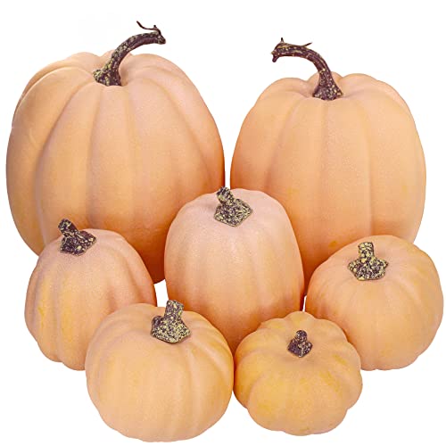 Image of 7 Pcs Assorted Sizes Artificial Fall Pumpkins Faux Orange Decorative Foam Pumpkins for Gifts Fall Baby Shower Wedding Thanksgiving Halloween Table Centerpiece Mantel Decor