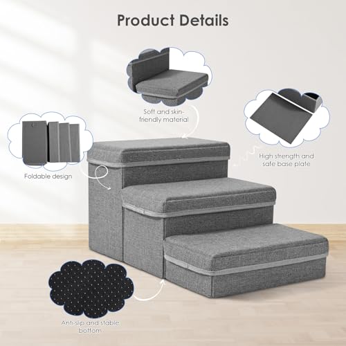 MINENICE Treppe für Hunde, 3 Stufen Faltbare Hundetreppe für Kleine Hunde mit Aufbewahrungsboxen Haustiertreppe für Sofa und Bett Hunde Treppe