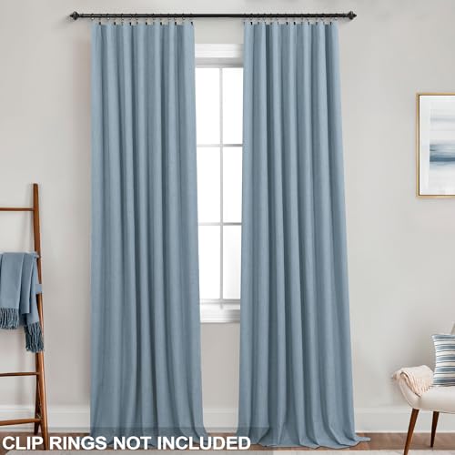 Image of KOUFALL 90 Inch Stone Blue Linen Blackout Curtains, Thermal Insulated Blue Grey Black Out Curtains for Boys Bedroom, Wide 52 x 90 Inch Long, 2 Panels Set