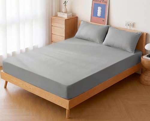 ボックスシーツ 綿100% マットレスカバー 吸水速乾 ベッドシーツ シングル セミダブル ダブル シーツ 通気性 高密度 毛玉なし 防ダニ 抗菌 肌に優しい ベッドカバー 丸洗い 耐久性 コットン 敷き布団 全周ゴム ズレ防止 赤ちゃん 介護用 オールシーズン (グレー, ダブル 140×200cm)