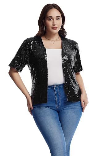 Women's Sequin Jacket Sparkly Cardigan Short Sleeve Open Front Blazer Loose Casual Party Blouse Tops