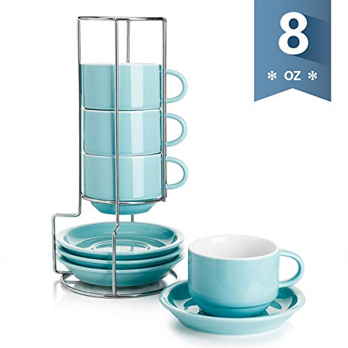 Sweese 406.102 Porcelain Stackable Cappuccino Cups with Saucers and Metal Stand - 8