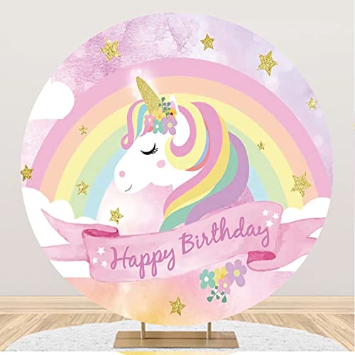 Laeacco 6.5x6.5ft Unicorn Birthday Round Backdrop for Girls Pink Rainbow Cloud Circle Backdrop Cover Golden Glitter Stars Photography Background for Kids Princess Birthday Party Portrait Booth Props