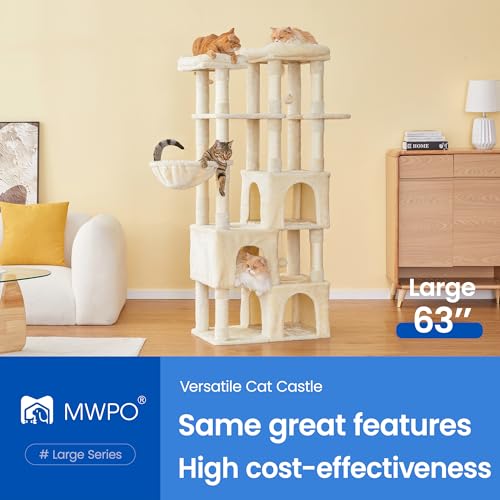 Image of MWPO Large Cat Tree for Indoor Cats, 63-inch Cat Tower with 3 Cat Condos, Scratching Posts, Padded Perches, Hammock, Dangling Toys, Beige