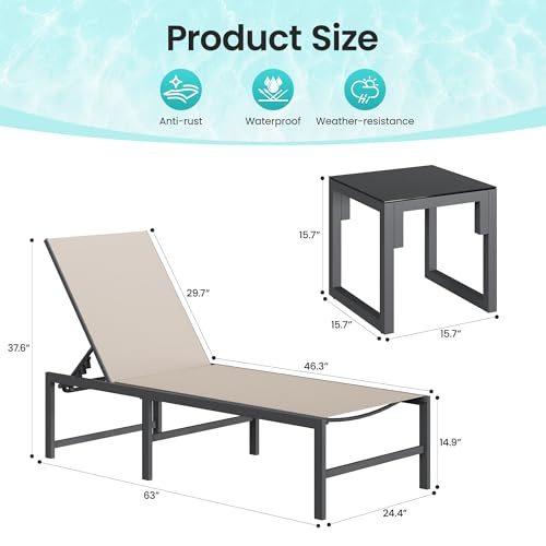 Image of Amopatio Patio Lounge Chair Outdoor Chaise Lounge Set of 2 for Pool | with Side Table Weather Resistant 5-Position Adjustable Backrest Heavy Duty Steel Frame 400 LBS Capacity;Khaki