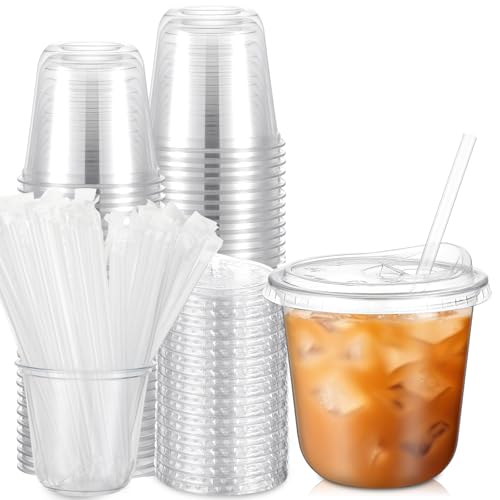 Ziliny 50 Pack 10 oz Clear Plastic Cups with Sip Lids & Straws Disposable PET Iced Coffee Cups with Lids for Coffee Smoothie Milkshake Cold Drinks