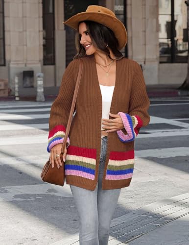 BB&KK Womens Long Cardigan Sweaters Striped Color Block 2025 Fall Long Lantern Sleeve Knit Open Front Sweater Outerwear2