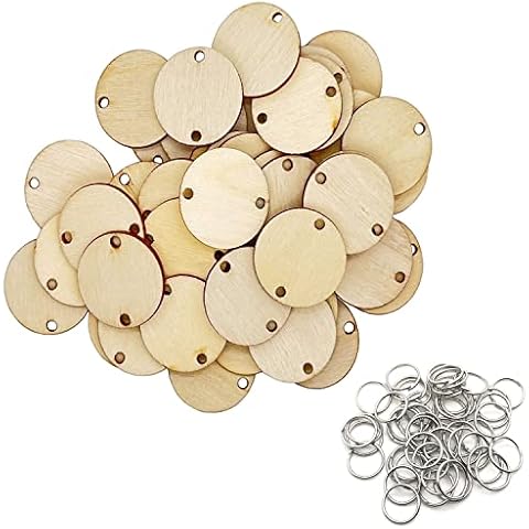 MYYZMY 50 Pieces Wooden Circles Tags 1.2 inch with Holes and 50 Pieces 10 mm Rings Cover
