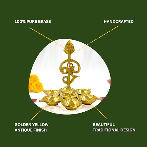 Image of Arumuga Om Vel Vilakku 14 Cm, Murugar Vel Mugam Brass Oil Lamp Diya Set with Vel for Pooja,Temple, Sashti Pooja, Vel Maaral Pooja and Gifting Arumuga Om Vel Vilakku