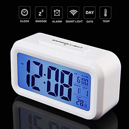 Image of SAMEZONE Digital Smart Backlight Alarm Clock with Automatic Sensor, Alarm Clocks for Bedroom, Date & Temperature Indoor Multifunctional Alarm Clock for Student Bedroom Home and Office (White)