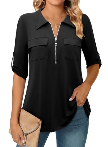 Bulotus Women's 3/4 Sleeve Collared Blouses Business Casual Tops Zip Front V Neck Work Shirts Loose Fit Tunic Tops