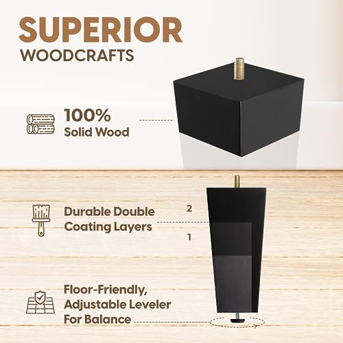 Yes4All 6-Inch Square Black Solid Wood Furniture Legs Set Of 4 thumb #3
