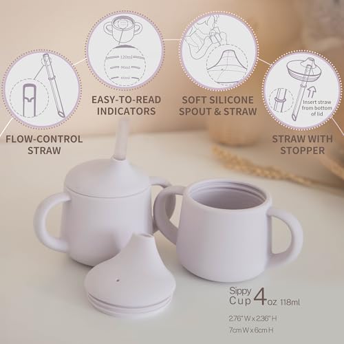 Image of Moonkie Silicone Baby Sippy Cups | 3 Stages Training Cup Straw Cup for Infants Toddlers and Kid | 4 oz (Mauve)
