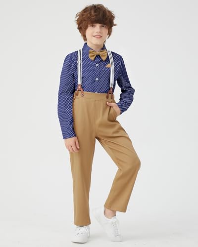 Image of DISAUR Boys Dress Clothes Wedding Ring Bearer Outfit Boy Formal Suits Dress Shirt with Bow Tie +Suspender Pants Set