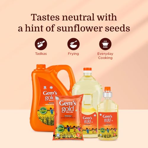 Image of Gem's Gold physically refined sunflower Cold Pressed Cooking Oil 500 Ml | Smart Bottle Helps reduce consumption up to 30% | Chemical Free, Kacchi Ghani, Chekku | Physically Refined Sunflower Oil