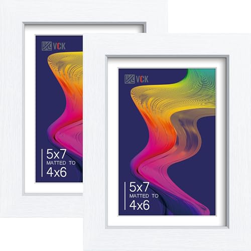 Image of VCK 5x7 Picture Frame 2 Pack, White Wood, 4x6 Mat, Glass, for Photo Print