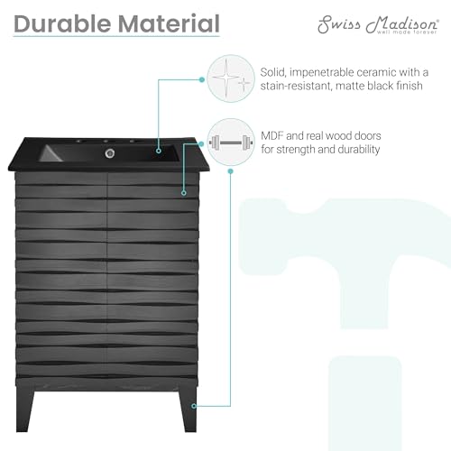 Image of Swiss Madison Cascade 24 in. Black Oak Bathroom Vanity with Black, 3-Hole Ceramic Sink Top