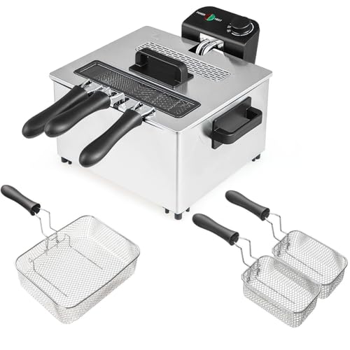 TANGZON 5L Deep Fat Fryer, Easy Clean Stainless Steel Fryers with Adjustable Temperature, Viewing Window, 3 Removable Baskets & Non-Slip Feet, Electric Fryer for Chicken Shrimp Chips Fish