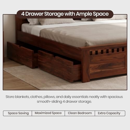 Image of WOODLAB Furniture Solid Sheesham Wood King Size Bed for Bedroom 4 Storage Drawer Wooden Double Beds Cot Furniture for Living Room (Honey Finish)