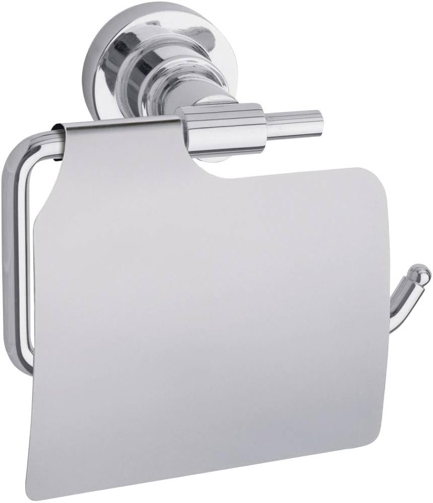 tesa LUUP Toilet Paper Holder with Lid - Chromed Metal Toilet Paper Holder for Bathrooms and Guest Toilets - Including Self-Adhesive Solution Without Drilling