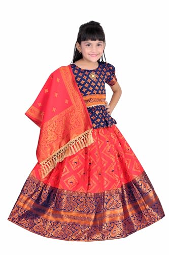 Image of Girls Pattu Pavadai Ready to Wear Lehenga, Blouse & Dupatta Set - Heavy Jacquard Fabric, Fully Stitched