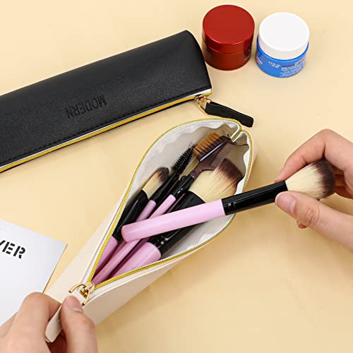 Vin Beauty 2 Pcs Leather Pencil Pouch, Slim Design Small Pencil Pouch Pencil Bag Zipper Pencil Case Bag Stationery Pouch Bag For Pens, Pencils, Markers(Black&Beige) #TOP4