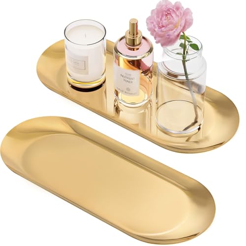 Image of HASTHIP 2Pcs Enlarged Golden Rectangular Trays Stainless Steel Bathroom Tray Set,Multipurpose Organizer for Vanity,Makeup,Perfume,Jewelry,Skincare,Durable & Rustproof,Ideal for Home Decor,30x12cm