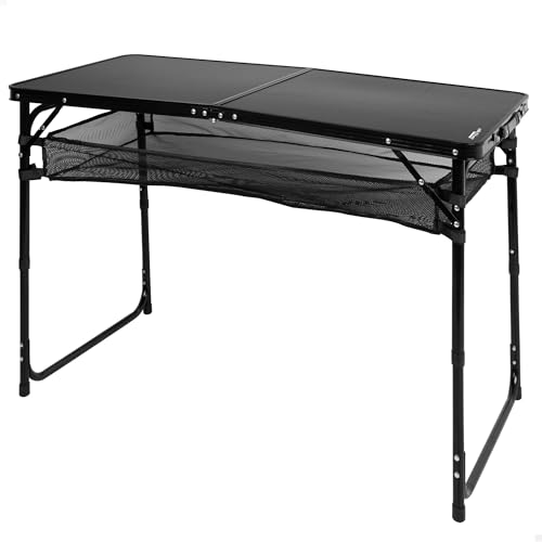 AKTIVE Mesa Plegable, Negro, 120 x 60 x 60/70 cm, Altura Ajustable, Topes Antideslizantes, Soporta 30 kg, Asa Mano Transporte, Incluye Red Auxiliar Desmontable, Playa, Jardín (63089)