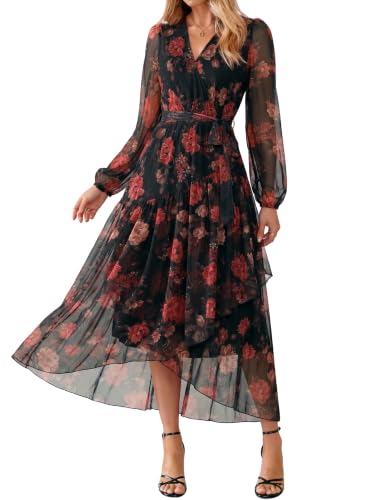 Simplee Women's Floral Long Sleeve Mesh Maxi Dress Fall V Neck Wrap High Low Swing Flowy Wedding Guest Dress