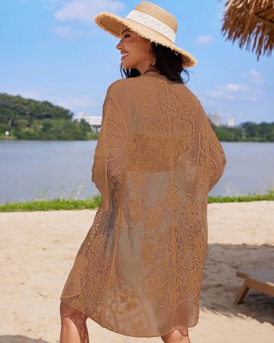Bsubseach 2025 Kimonos for Women Lace Swimsuit Coverup Mesh Swim Cover Up Beach Vacation Sheer Kimono Duster Cardigans3