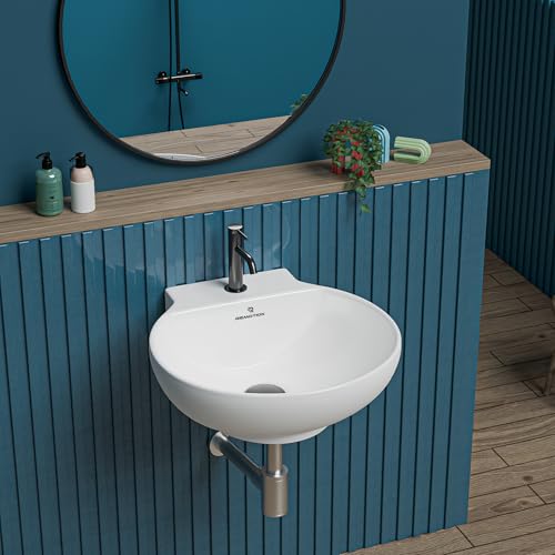 Image of REMOTION Ceramic Wall Hung Corner Wash Basin for Bathroom | Wall Mounted Corner Sink for Small Bathrooms & Powder Rooms | Space-Saving, Durable & Stylish Design (12 x 12 x 5 Inch)