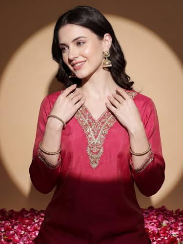 Image of INDO ERA Women's Silk Blend Embroidered Zari Work Straight Kurta & Pant Set | Cord Set For Women