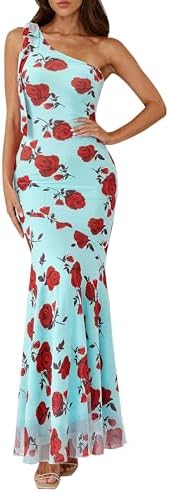 PRETTYGARDEN Womens Summer One Shoulder Maxi Dress 2026 Floral Sleeveless Bodycon Mesh Long Formal Wedding Guest Dresses