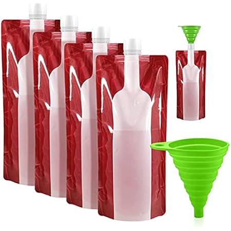 Foldable Wine Bag,Portable Wine Bottle Wine Flask, 4 Pack Collapsible Liquid Leak Proof Flask Holder,Reusable Wine pouch for Gift Travel Camping BBQ Party Beach Hiking Home Kitchen(750ml)