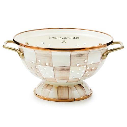 Image of MACKENZIE-CHILDS Enamel Colander, Decorative Kitchen Strainer, Small, Brown-and-White Mocha Check