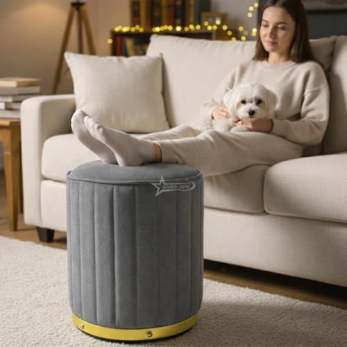 Image of Upholstered Round Linen Strip Stool Living Room Foot Rest Office Stool Pouf Ottoman Padded Seat - Grey