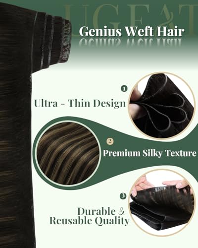 Image of Ugeat 16 Inch Genius Weft Hair Extensions Dark Brown Balayage Genius Weft Hair Extensions Human Hair Mix Medium Brown Balayage Hand Tied Hair Extension Secure Root Attachment 16 Inch 50G
