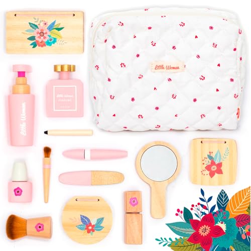 UMU® Stylish Wooden Beauty Set Little Woman for Girls - Makeup Playset 17 Piece Kit with Makeup, Brush, Mirror and Cosmetics Case, Best Gift for 3, 4, 5+ Girls Kids